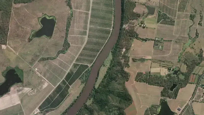 Satellite view of Bucca Weir reservoir, Queensland, Australia