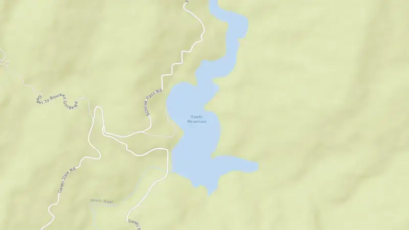 Road map of Geehi Reservoir reservoir, New South Wales, Australia