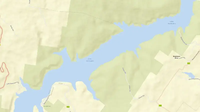 Road map of Lake Barrington reservoir, Tasmania, Australia