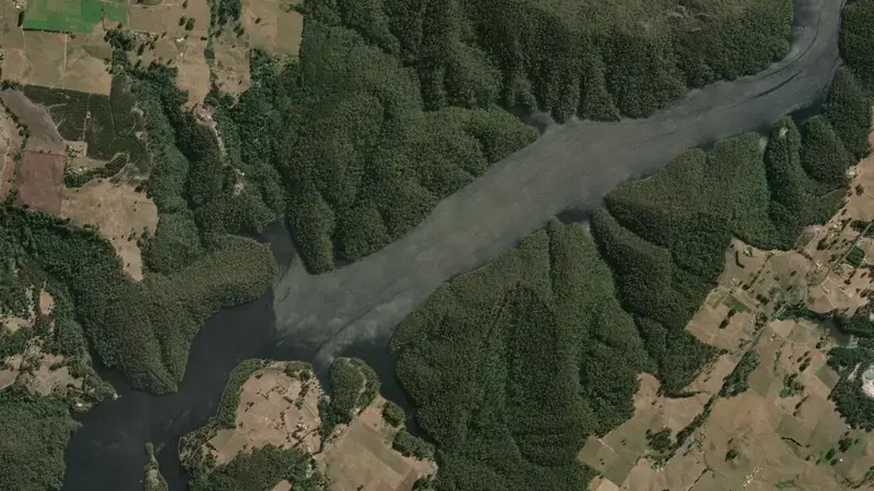 Satellite view of Lake Barrington reservoir, Tasmania, Australia