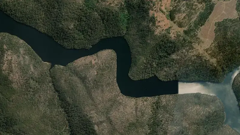 Satellite view of Lake Catagunya reservoir, Tasmania, Australia