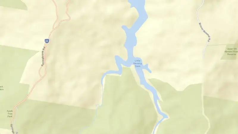 Road map of Little Nerang reservoir, Queensland, Australia