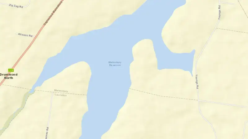 Road map of Malmsbury reservoir, Victoria, Australia
