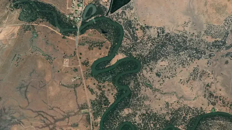 Satellite view of Maude Weir reservoir, New South Wales, Australia
