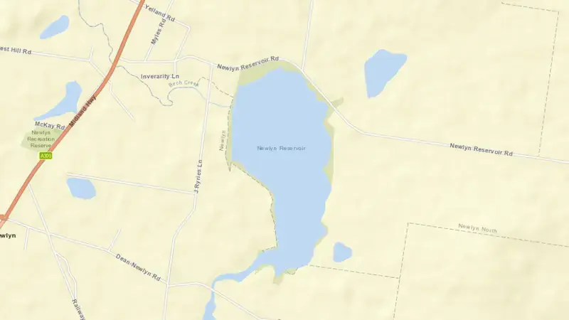 Road map of Newlyn Reservoir reservoir, Victoria, Australia