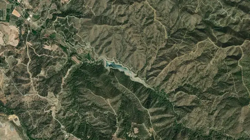 Satellite view of Argaka reservoir, Paphos, Cyprus