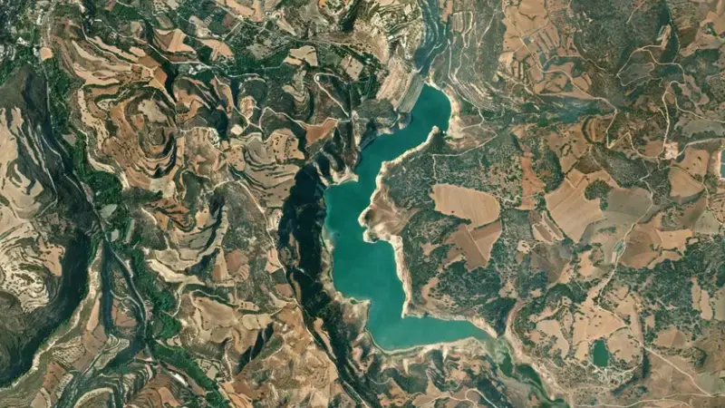 Satellite view of Evretou reservoir, Paphos, Cyprus