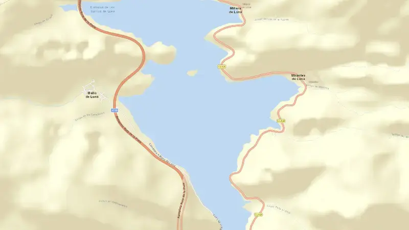 Road map of Barrios de Luna reservoir, León, Castile and León, Spain