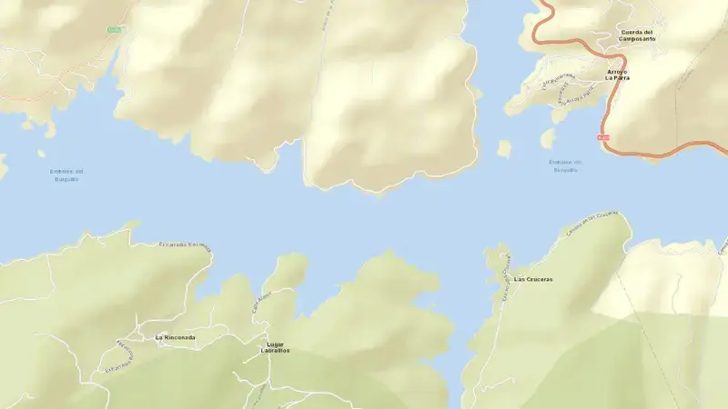 Road map of Burguillo - Puente Nuevo reservoir, Tajo, Spain