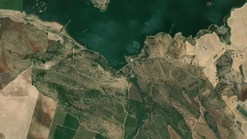 Satellite view of Canchales reservoir, Guadiana, Spain