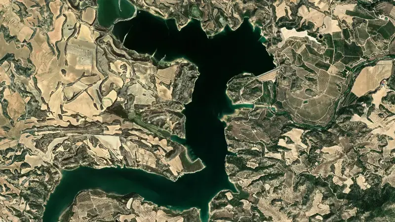 Satellite view of Caspe reservoir, Ebro, Spain