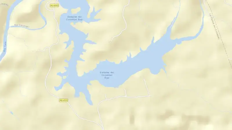 Road map of Corumbel Bajo reservoir, Tinto, Odiel y Piedras, Spain