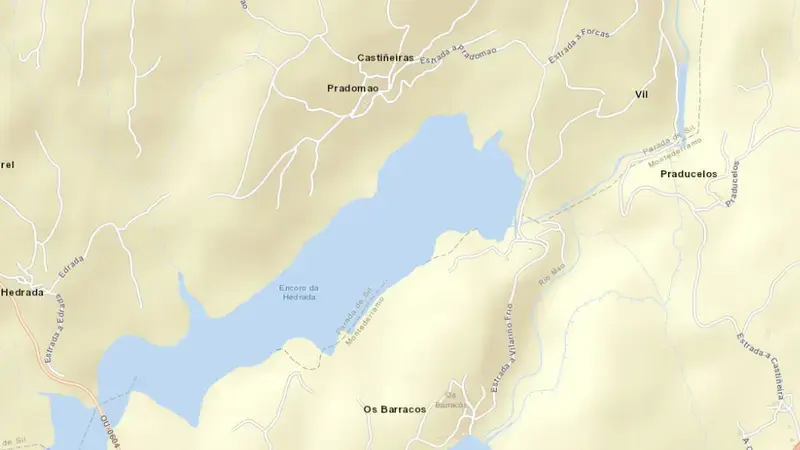 Road map of Edrada-Mao reservoir, Miño - Sil, Spain