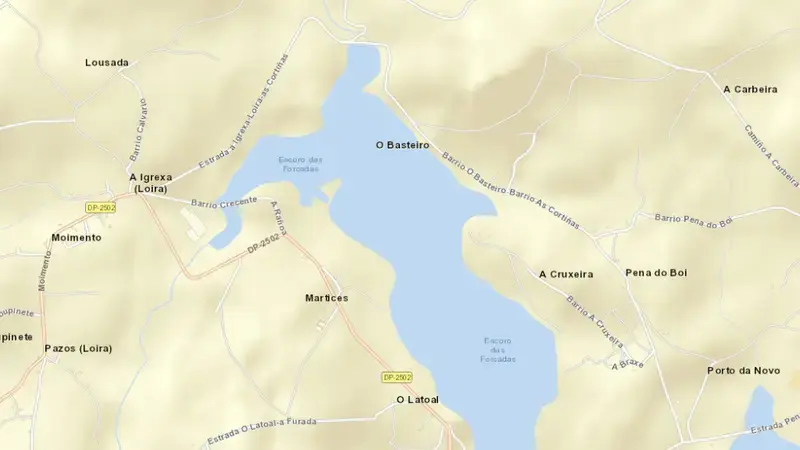 Road map of Forcadas, As reservoir, Galicia Costa, Spain