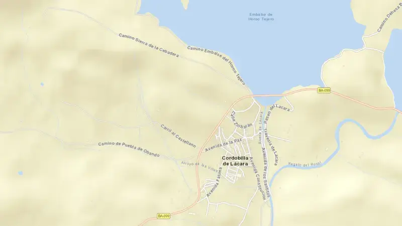 Road map of Horno Tejero reservoir, Badajoz, Extremadura, Spain