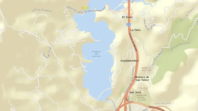Road map of Limonero reservoir, Cuenca Mediterránea Andaluza, Spain