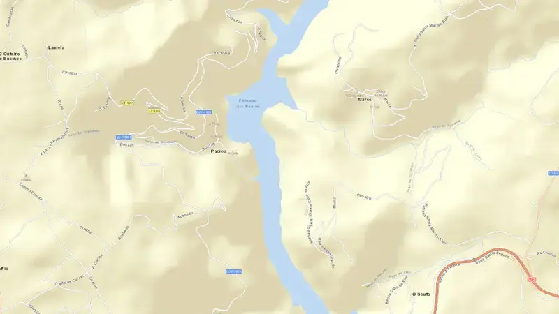 Road map of Peares, Os reservoir, Miño - Sil, Spain