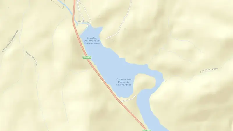 Road map of Pto. Vallehermoso reservoir, Guadiana, Spain