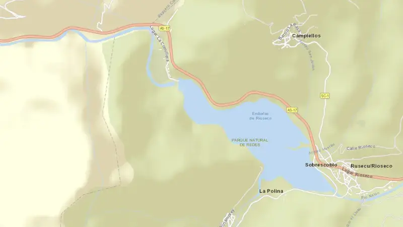 Road map of Rioseco reservoir, Cantábrico Occidental, Spain