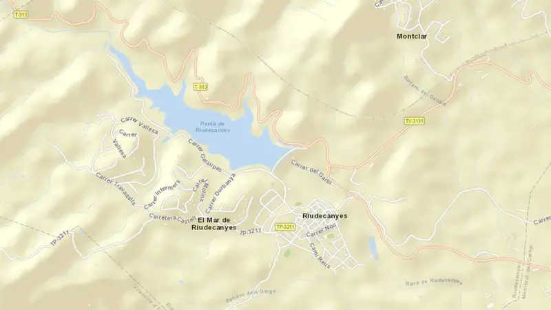 Road map of Riudecanyes reservoir, Tarragona, Catalonia, Spain