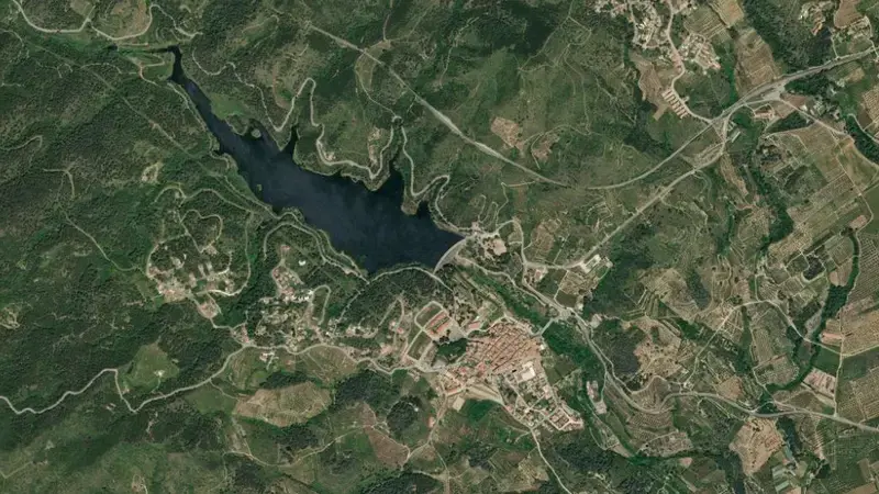 Satellite view of Riudecanyes reservoir, Tarragona, Catalonia, Spain