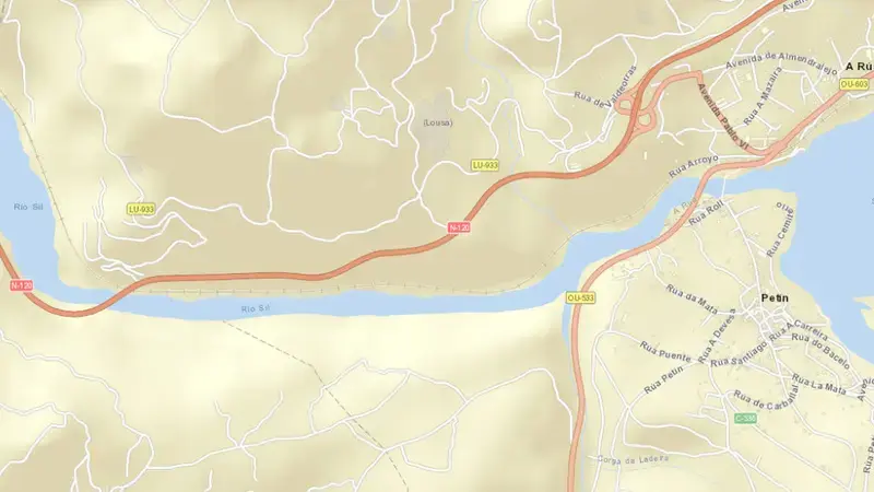 Road map of San Martiño reservoir, Miño - Sil, Spain