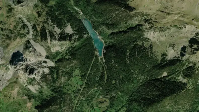 Satellite view of Sistema Aguas Limpias reservoir, Huesca, Aragon, Spain