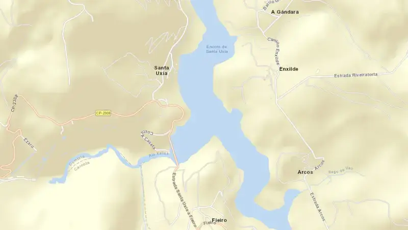 Road map of Santa Eugenia reservoir, Galicia Costa, Spain