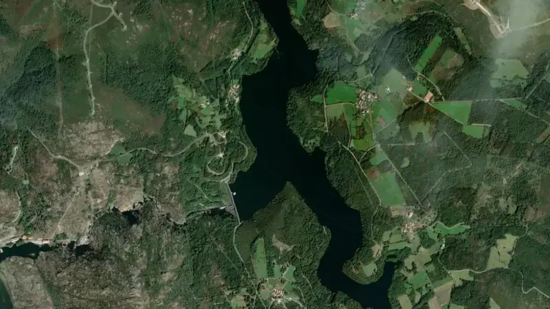 Satellite view of Santa Eugenia reservoir, Galicia Costa, Spain