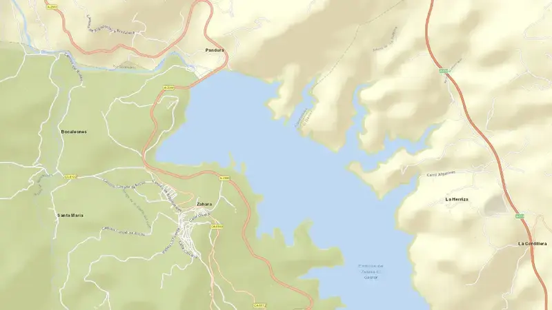 Road map of Zahara-El Gastor reservoir, Guadalete-Barbate, Spain