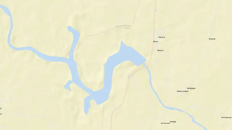 Road map of Bennithora Dam reservoir, Karnataka, India