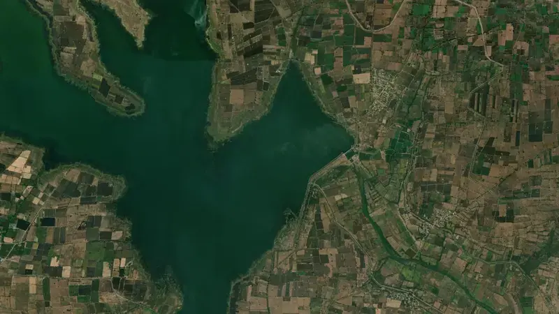 Satellite view of Bennithora Dam reservoir, Karnataka, India