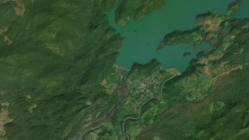 Satellite view of Donkarayi reservoir, IN, India