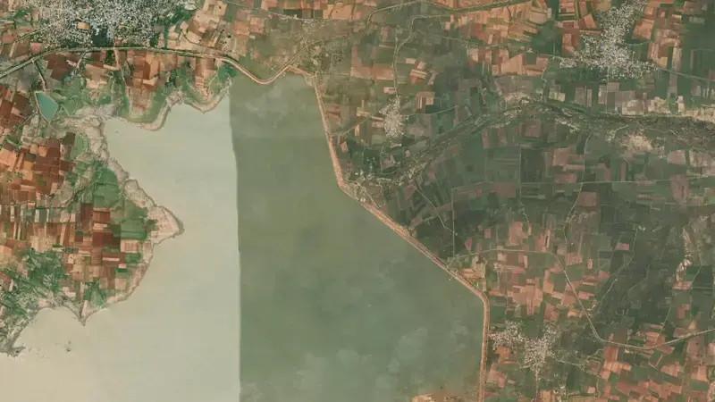 Satellite view of Gajuladinne Project reservoir, Andhra Pradesh, India