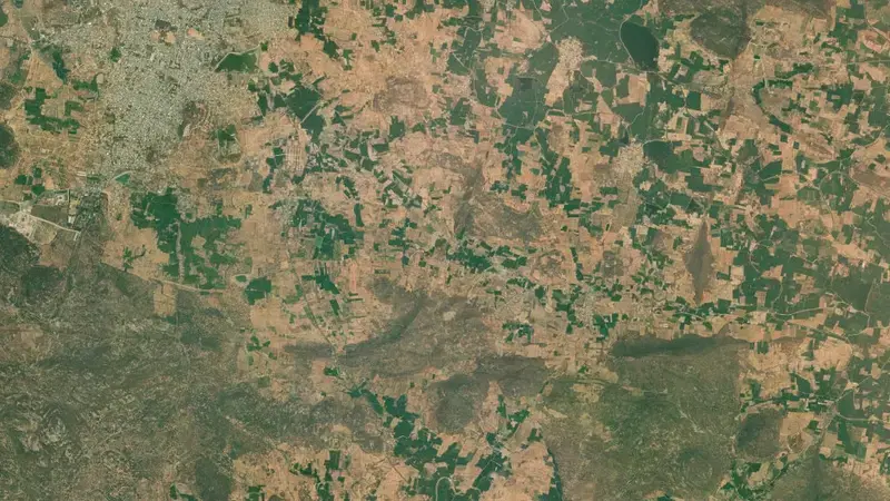 Satellite view of Jurala Dam reservoir, Telangana, India