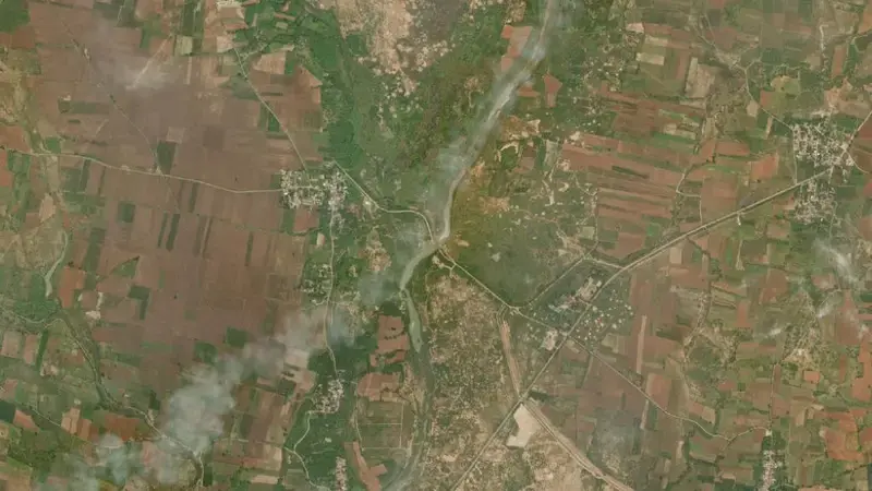 Satellite view of Lower Sagileru Ani Cut reservoir, Andhra Pradesh, India
