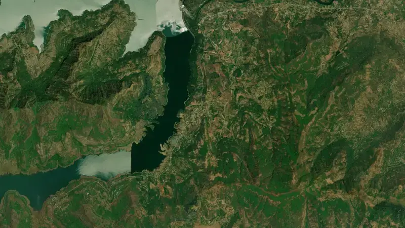 Satellite view of Mulshi Dam reservoir, Maharashtra, India
