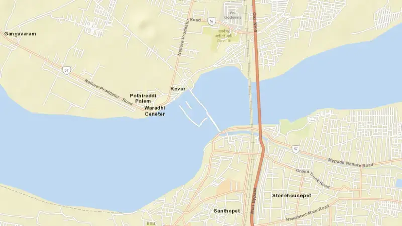 Road map of Nellore Anicut reservoir, Andhra Pradesh, India