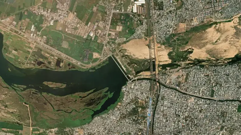 Satellite view of Nellore Anicut reservoir, Andhra Pradesh, India