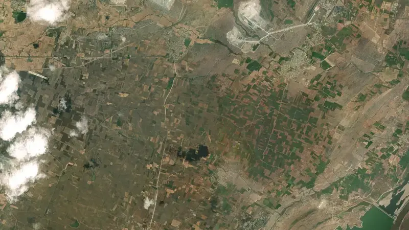 Satellite view of Pulichintala Dam reservoir, Andhra Pradesh, India