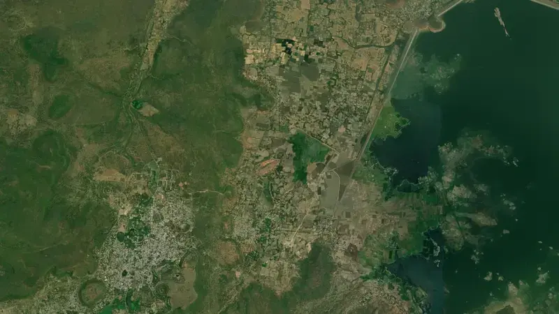 Satellite view of Rajghat Dam reservoir, Uttar Pradesh, India