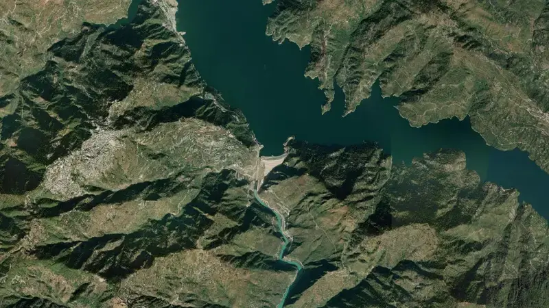Satellite view of Tehri Dam reservoir, Uttarakhand, India