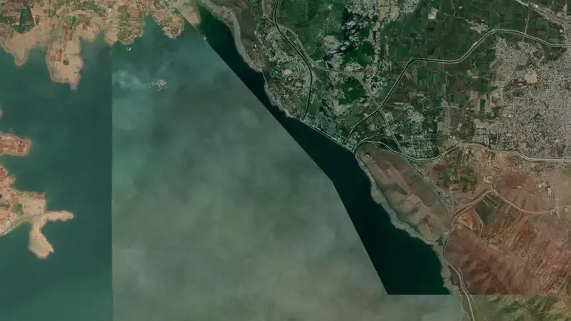 Satellite view of Tungabhadra Dam reservoir, Karnataka, India