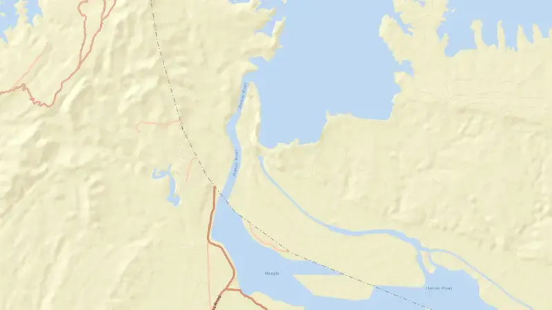 Road map of Mangla Dam reservoir, Azad Jammu & Kashmir, Pakistan