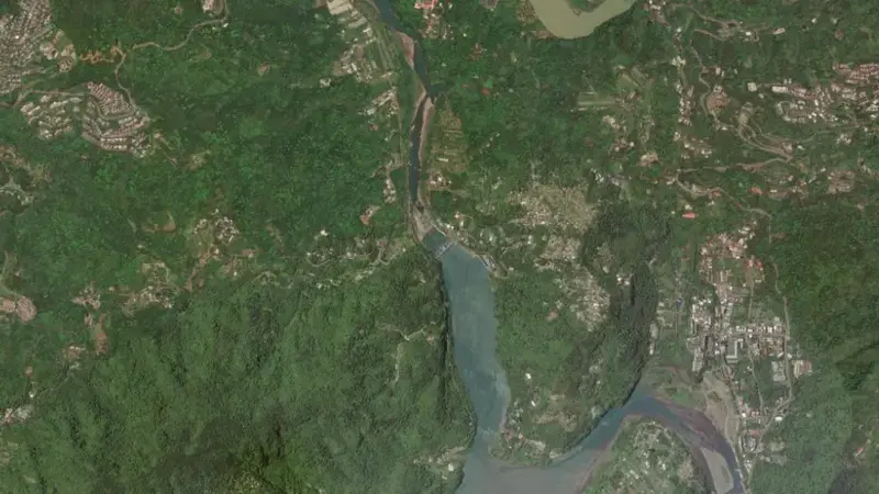 Satellite view of Zhitan Dam reservoir, North, Taiwan