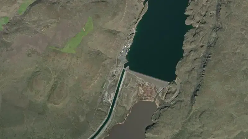 Satellite view of Billy Clapp Lake and Pinto Dam reservoir, Washington, United States