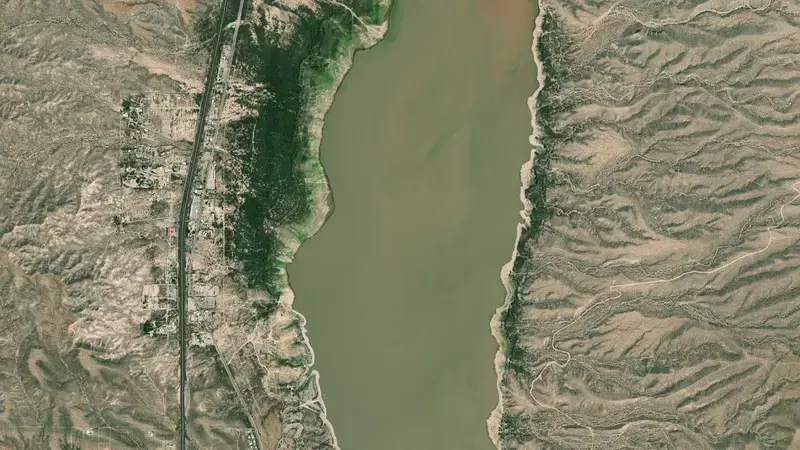 Satellite view of Caballo Reservoir and Dam reservoir, New Mexico, United States