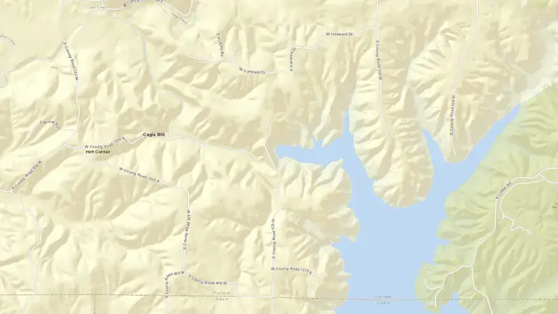 Road map of Cagles Mill Lake reservoir, Indiana, United States