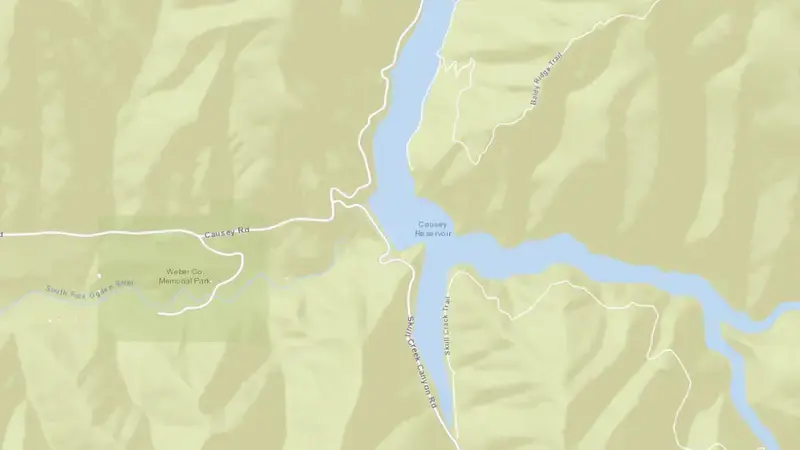 Road map of Causey Reservoir and Dam reservoir, Utah, United States