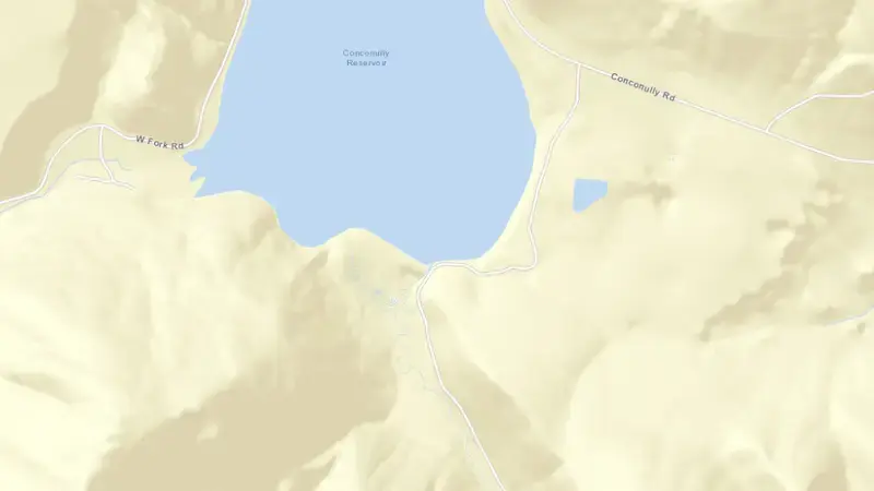 Road map of Conconully Reservoir and Dam reservoir, Washington, United States